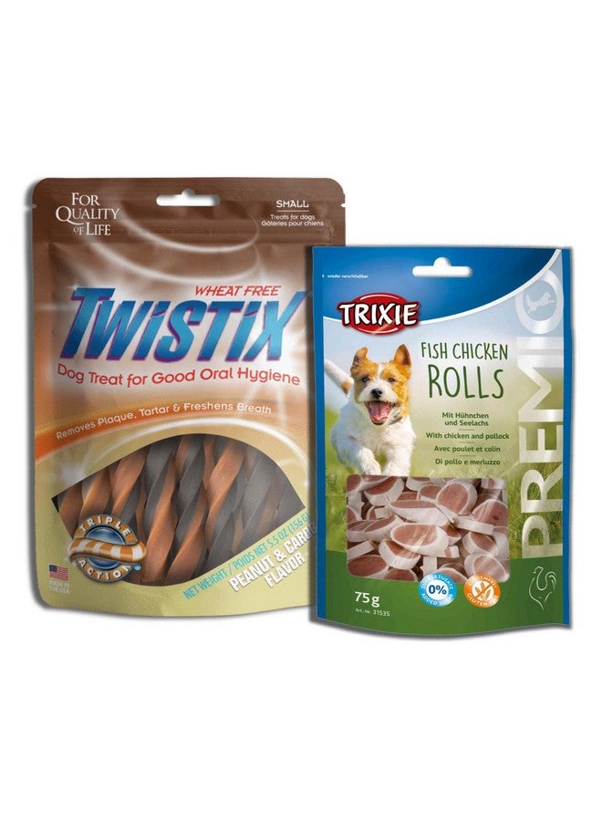تريكسي حلوى الكلاب الفاخرة المصنوعة من لفائف السمك والدجاج وعلبة تويستيكس الملتوية بنكهة الفول السوداني والخروب - مناسبة لجميع سلالات الكلاب - Image 1
