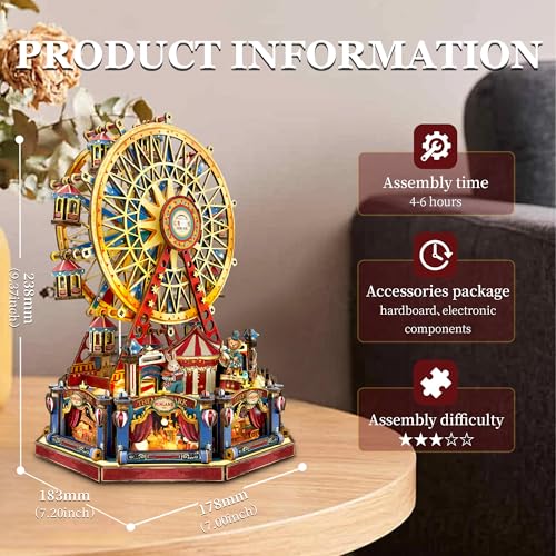 Miggley DIY Miniature House Kit Book Nook Mini House Bookshelf Decor 3D Wooden Puzzle for Adults Birthday Gift for Family Friends Century Ferris Wheel - Image 5