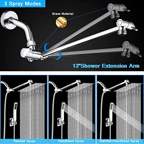 bellearly All Metal 12'' Rain/Rainfall Shower Head with Handheld Spray Combo, High-Pressure Square Shower Head with 13'' Extension Arm, Dual Chrome Shower Heads with 78'' Hose, Waterfall Showerhead - Image 4