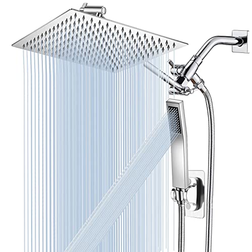 bellearly All Metal 12'' Rain/Rainfall Shower Head with Handheld Spray Combo, High-Pressure Square Shower Head with 13'' Extension Arm, Dual Chrome Shower Heads with 78'' Hose, Waterfall Showerhead - Image 1