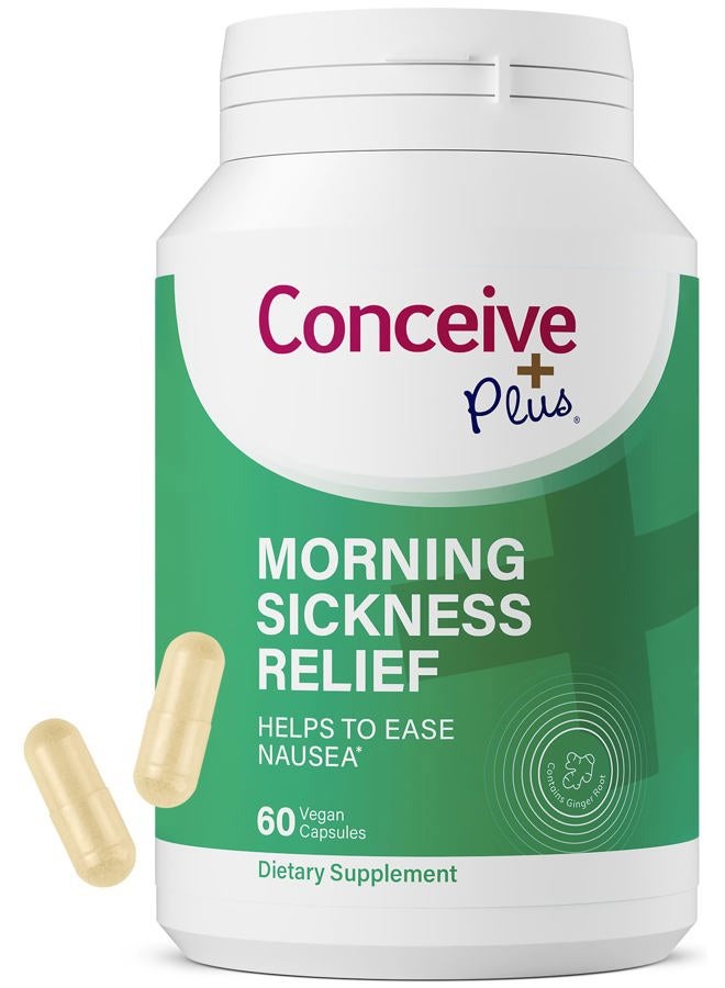 Conceive Plus تخفيف غثيان الصباح - مسحوق الزنجبيل المجفف النقي - تخفيف من الغثيان، دوار الحركة وعدم الراحة في المعدة أثناء الحمل - ضروري للأمهات الحوامل - غير معدّل وراثيًا - 60 كبسولة نباتية - Image 1