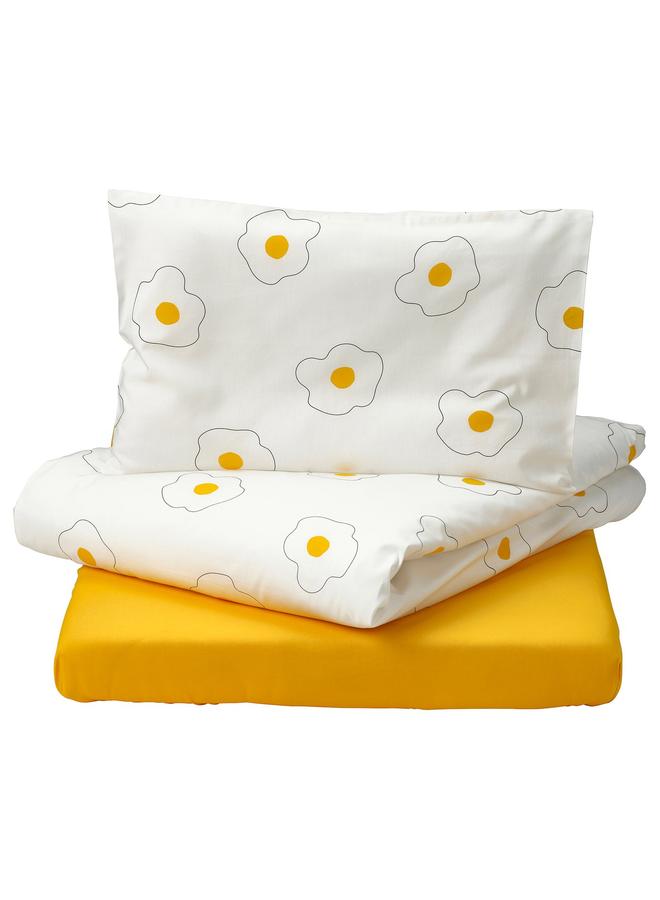 erorex 3-piece bedlinen set for cot, flower white/yellow, 60x120 cm  - Image 1