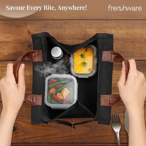 Frenchware Insulated Lunch Bag (8 Litre, Black), Office Tiffin Bags for Men and Women, Hot & Cold Travel Lunch Box for Men, Tiffin Box & Bottles, Lunch Bag for Office, Picnic Bag (Jet Black) - Image 3