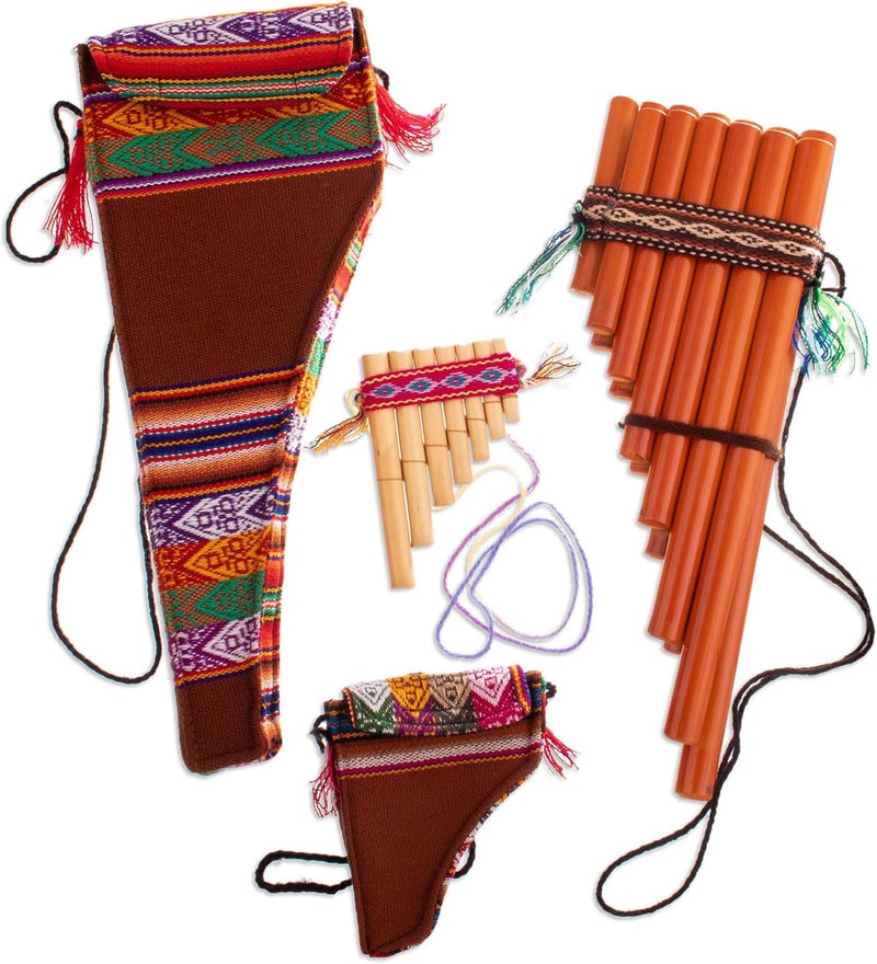 NOVICA مجموعة أنابيب بان باي نوفكا من الخيزران الأنديني مع لمسات قماشية وحقيبة حمل - زوج من 1 كبير و 1 صغير إنكا سيريناد - Image 1