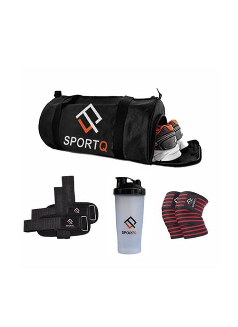 A set of multiple products from SportQ that help you in exercising, including a bag,a special pocket for carrying shoes, a protein shaker, and a tensioner that helps in lifting weights, and a knee pad