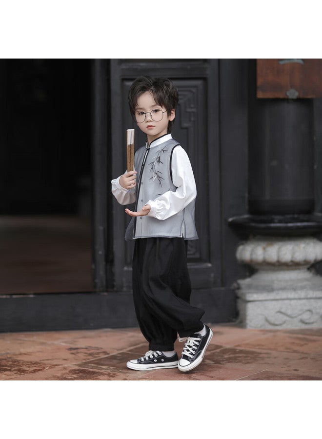 Flag Platinum Qibo Boys' Hanfu Spring And Autumn New Chinese-style Vintage Children's Traditional Clothing, Bamboo Shadow Long Sleeve (top Only), Size 130 - Image 4