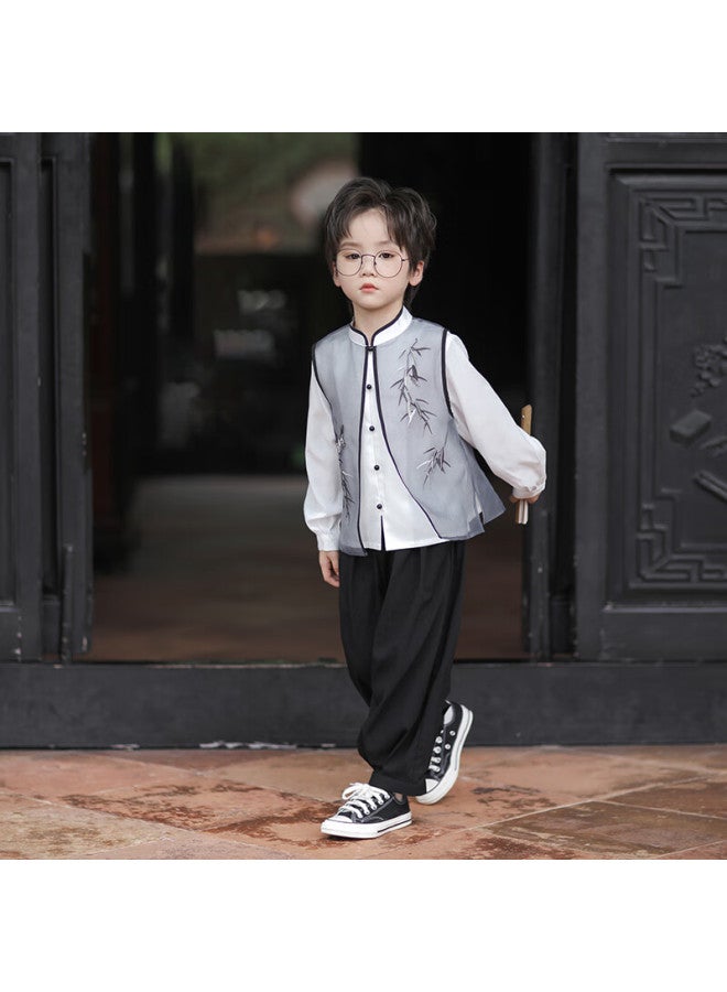 Flag Platinum Qibo Boys' Hanfu Spring And Autumn New Chinese-style Vintage Children's Traditional Clothing, Bamboo Shadow Long Sleeve (top Only), Size 130 - Image 3