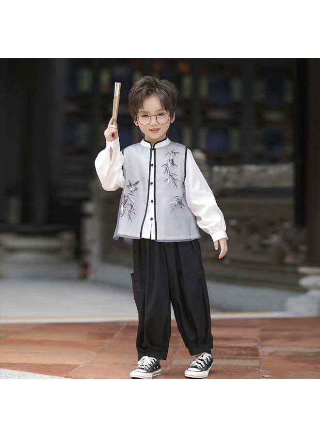 Flag Platinum Qibo Boys' Hanfu Spring And Autumn New Chinese-style Vintage Children's Traditional Clothing, Bamboo Shadow Long Sleeve (top Only), Size 130 - Image 5