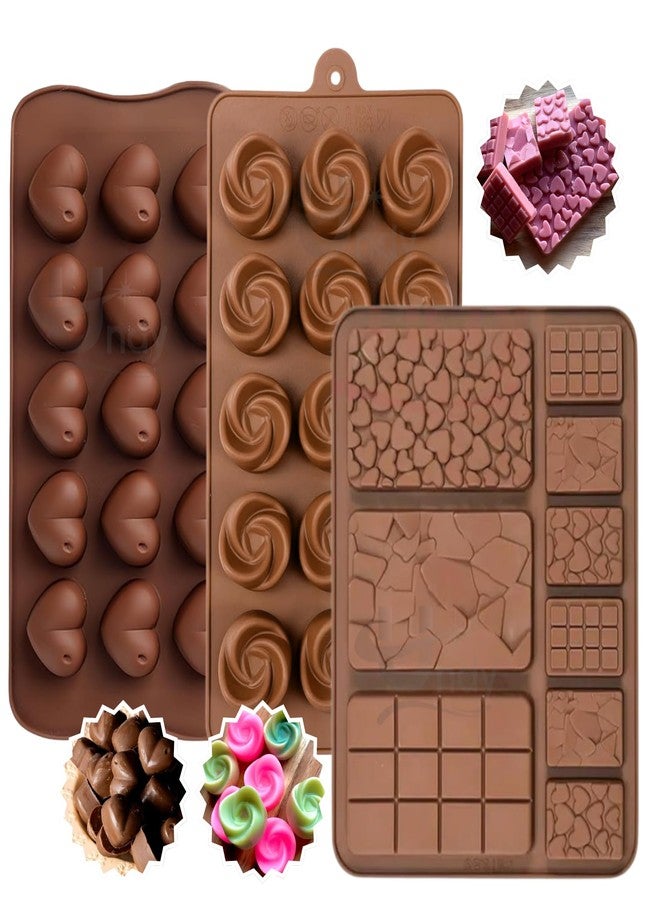 Undy Chocolate Mould Silicone Swirl Rose Heart Break Apart Mini Bars Shape Chocolate Mould for Chocolate Making Multipurpose Jelly Ice Cubes Cake Decoration Tools, 3 PCS, Brown - Image 1