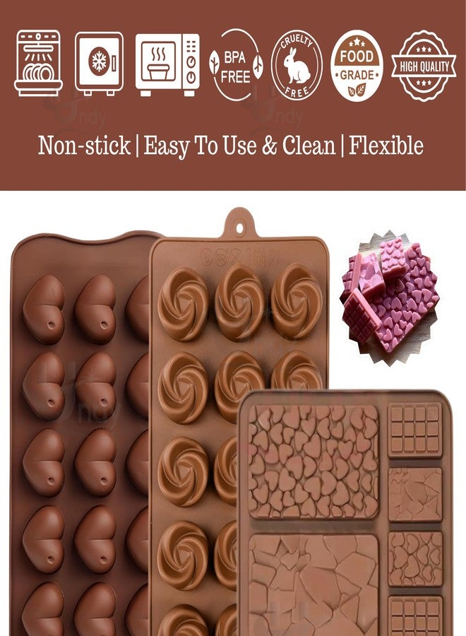 Undy Chocolate Mould Silicone Swirl Rose Heart Break Apart Mini Bars Shape Chocolate Mould for Chocolate Making Multipurpose Jelly Ice Cubes Cake Decoration Tools, 3 PCS, Brown - Image 3
