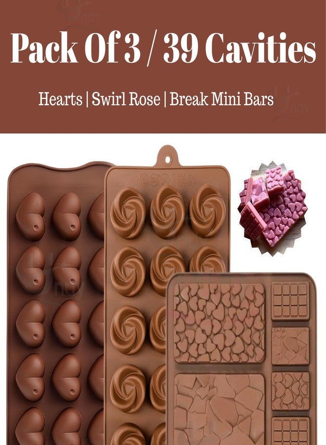 Undy Chocolate Mould Silicone Swirl Rose Heart Break Apart Mini Bars Shape Chocolate Mould for Chocolate Making Multipurpose Jelly Ice Cubes Cake Decoration Tools, 3 PCS, Brown - Image 2