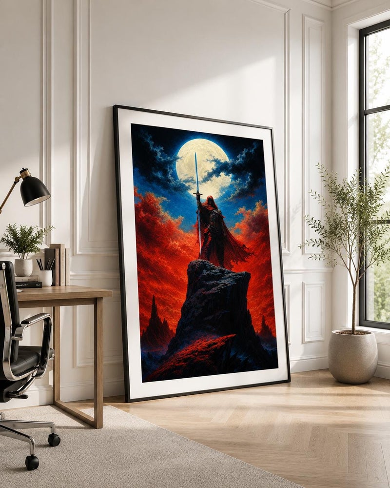 TNESSENTIAL Dark Fantasy Warrior Poster, Moonlit Knight, Epic Landscape Print, Gothic Decor - Image 1