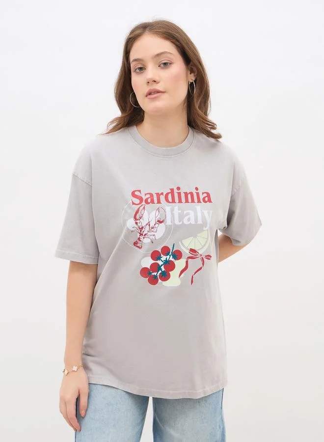 ستايلي Styli Sardinia Italy Graphic Print Acid Washed Oversized T-Shirt