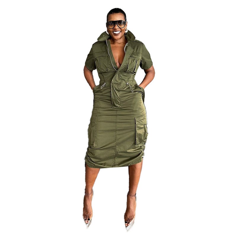 K3320 European and American multi-pocket tooling drawstring pocket dress Orange - Image 3