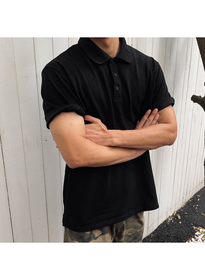 Homlean Men's American Style Polo Shirt Spring Summer Season Solona Loose Simple Comfortable Short Sleeve T-shirt 6 Black L - Image 1