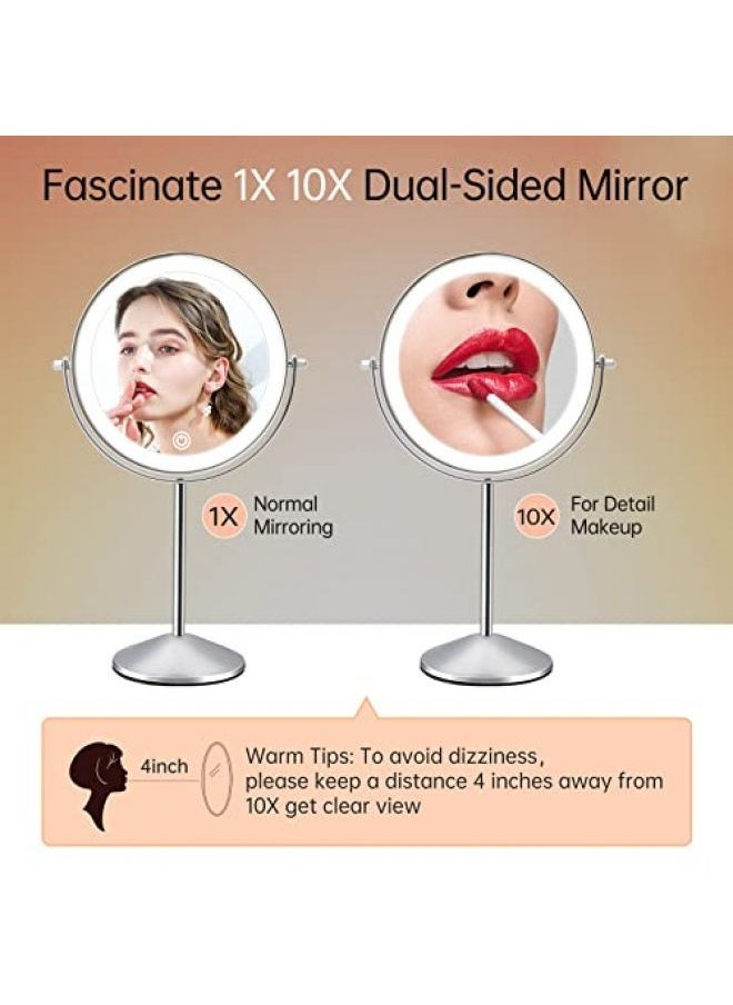FASCINATE - FASCINATE Magnifying Mirror with Light, 1X/10X Double Sided Rechargeable Lighted Makeup Mirror, 3 Color Setting Makeup Vanity Mirror with 54 LEDs, Dimmable Desk Lit Cosmetic Mirror - Image 1