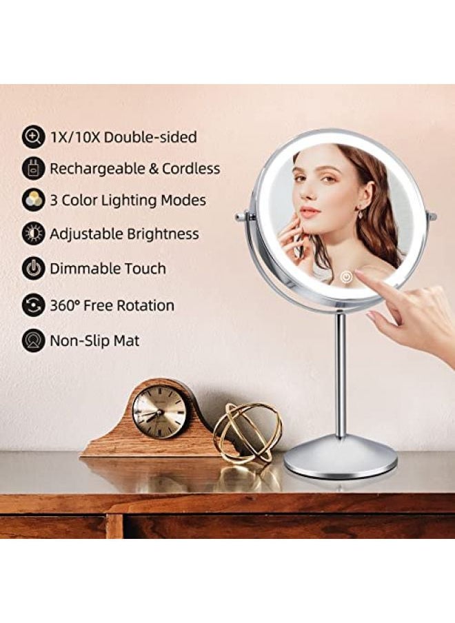 FASCINATE - FASCINATE Magnifying Mirror with Light, 1X/10X Double Sided Rechargeable Lighted Makeup Mirror, 3 Color Setting Makeup Vanity Mirror with 54 LEDs, Dimmable Desk Lit Cosmetic Mirror - Image 1