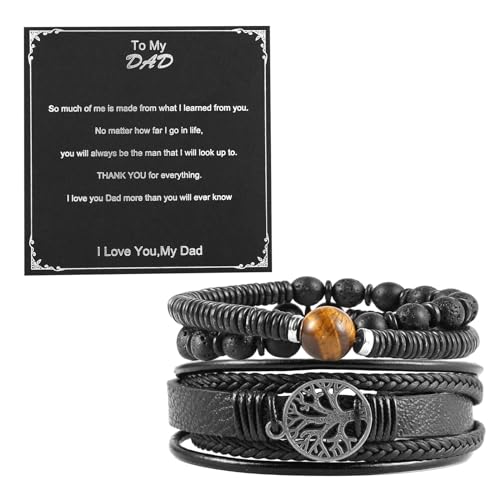 HZMAN To My Dad, Genuine Leather Tree of life Bracelets for Men Father Natural Stone Tiger Eye Lava Rock Beads Bracelet Father's Day Birthday Christmas Gift (Black) - Image 1