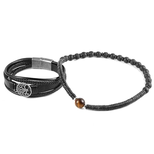 HZMAN To My Dad, Genuine Leather Tree of life Bracelets for Men Father Natural Stone Tiger Eye Lava Rock Beads Bracelet Father's Day Birthday Christmas Gift (Black) - Image 4