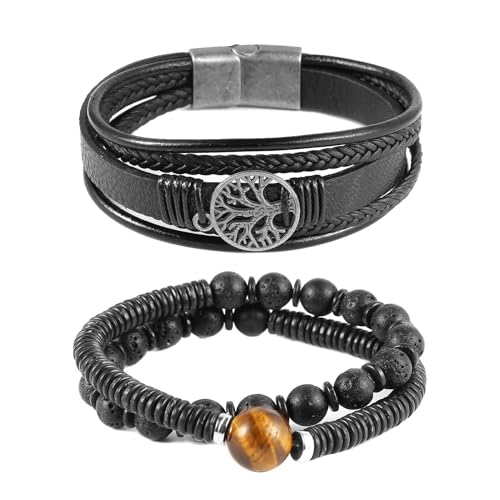 HZMAN To My Dad, Genuine Leather Tree of life Bracelets for Men Father Natural Stone Tiger Eye Lava Rock Beads Bracelet Father's Day Birthday Christmas Gift (Black) - Image 3