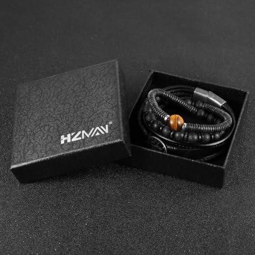 HZMAN To My Dad, Genuine Leather Tree of life Bracelets for Men Father Natural Stone Tiger Eye Lava Rock Beads Bracelet Father's Day Birthday Christmas Gift (Black) - Image 5