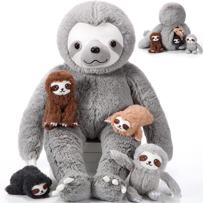 كاسيات KASYAT 5 PCS Sloth Plush Toy Set 13 Inch Mommy Sloth Swoth Animal With 4 Plushies Baby Sloth Plushies في بطن سحاب للأطفال هدايا عيد ميلاد Decors Decors Party Party (Gray) - Image 1