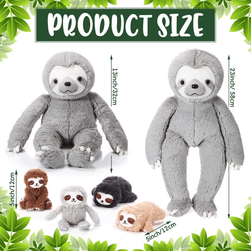 كاسيات KASYAT 5 PCS Sloth Plush Toy Set 13 Inch Mommy Sloth Swoth Animal With 4 Plushies Baby Sloth Plushies في بطن سحاب للأطفال هدايا عيد ميلاد Decors Decors Party Party (Gray) - Image 2