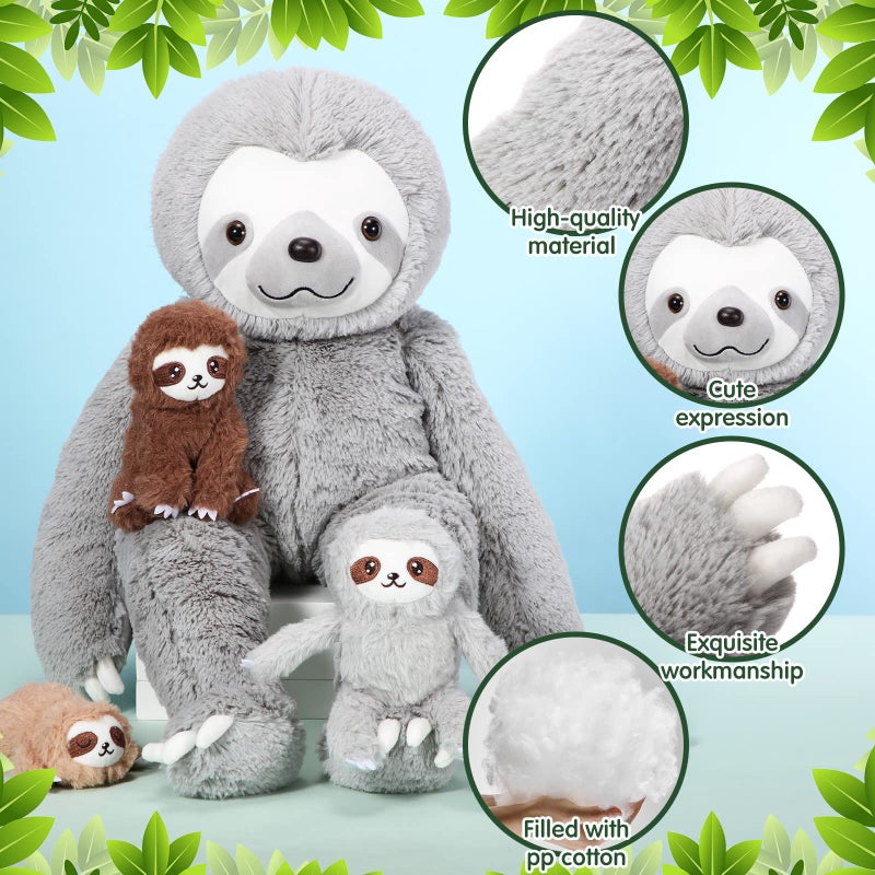 كاسيات KASYAT 5 PCS Sloth Plush Toy Set 13 Inch Mommy Sloth Swoth Animal With 4 Plushies Baby Sloth Plushies في بطن سحاب للأطفال هدايا عيد ميلاد Decors Decors Party Party (Gray) - Image 4