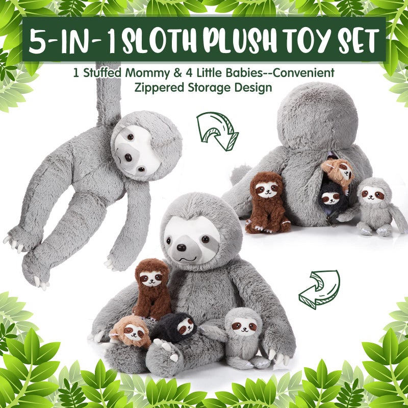 كاسيات KASYAT 5 PCS Sloth Plush Toy Set 13 Inch Mommy Sloth Swoth Animal With 4 Plushies Baby Sloth Plushies في بطن سحاب للأطفال هدايا عيد ميلاد Decors Decors Party Party (Gray) - Image 3