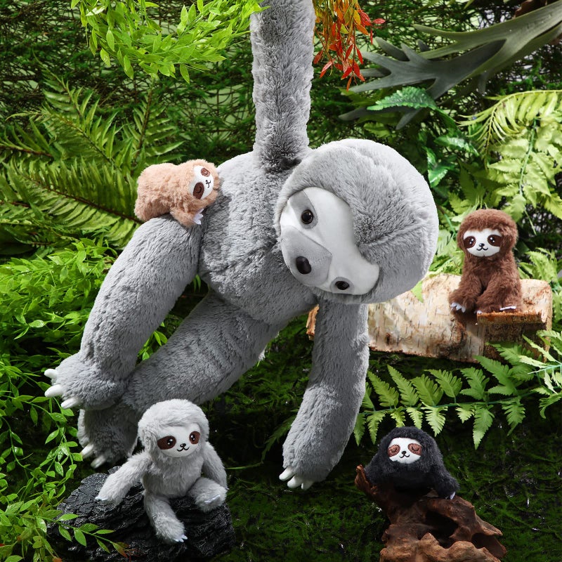 كاسيات KASYAT 5 PCS Sloth Plush Toy Set 13 Inch Mommy Sloth Swoth Animal With 4 Plushies Baby Sloth Plushies في بطن سحاب للأطفال هدايا عيد ميلاد Decors Decors Party Party (Gray) - Image 5