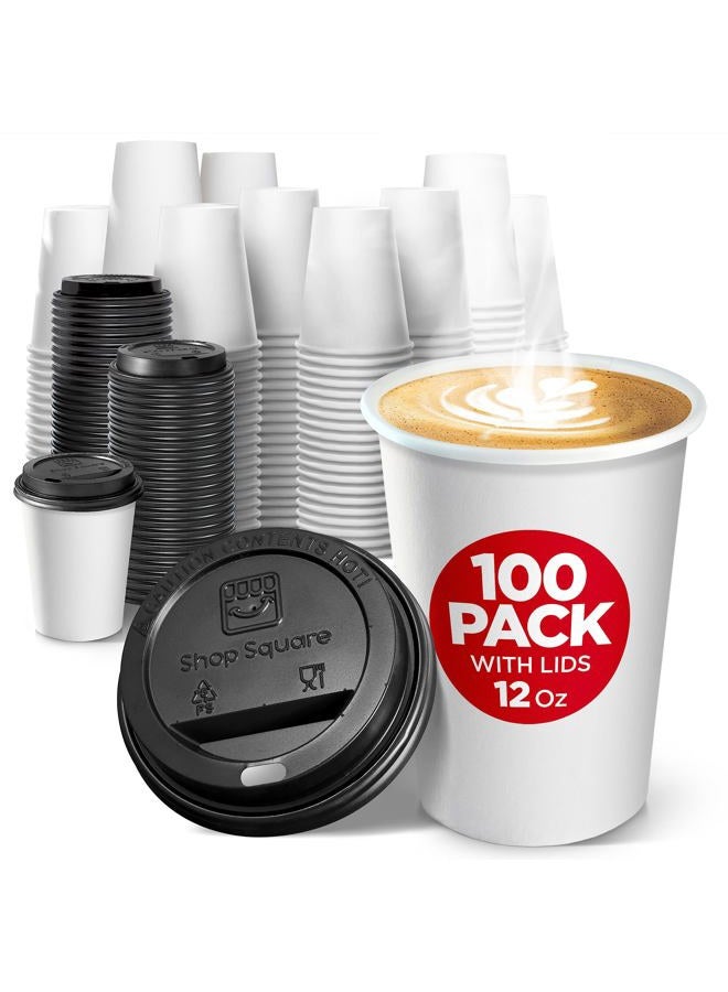 Shop Square Disposable Coffee Cups with Lids 12 oz (100 Pack) - To Go Coffee Cups for Hot & Cold Drinks, Tea, Hot Chocolate, Water - Poly-Coated for No Condensation with Rolled Edge - Coffee Cup Bundle - Image 1