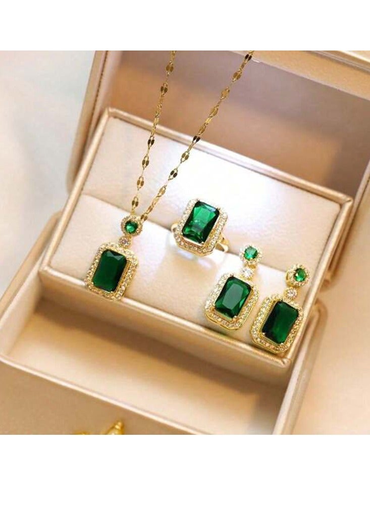 طقم مجوهرات بديكور حجر الراين مكونة من 4 قطع قلادة وخاتم وطقم أقراط - أخضر - Image 1