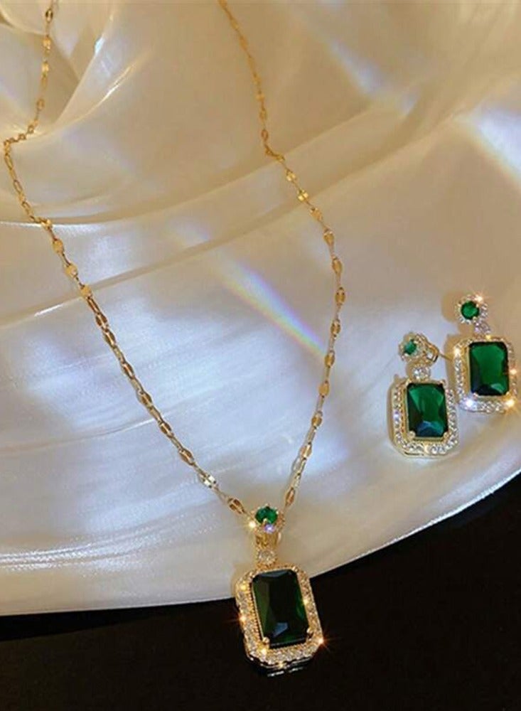طقم مجوهرات بديكور حجر الراين مكونة من 4 قطع قلادة وخاتم وطقم أقراط - أخضر - Image 4
