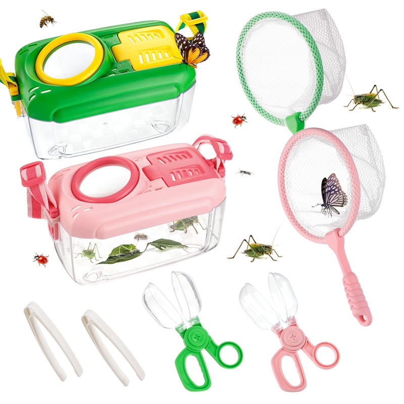 Biubee 2Sets Bug Catcher for Kids - Sturdy Kids Bug Catching Kit Gifts with Collector Butterfly Net Tweezer, Bugs Habitat Outdoor Explorer Kit for Age 3 4 5 6 7 8, 8Pcs, Green & Pink - Image 1