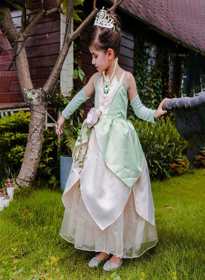 Yosbabe Princess Tiana Dress for Girls Green Fairy Frog Birthday Party Fancy Dresses Halloween Elf Costume Outfits with Accessories (3-4T) - Image 4