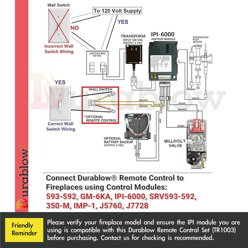 Durablow TR1003 On/Off Gas Fire Fireplace Remote Control Kit + Thermostat + Timer with LCD Screen for Millivolt Valve, IPI Module, Replaces Wall Switch | Thermostat Control Module - Image 4