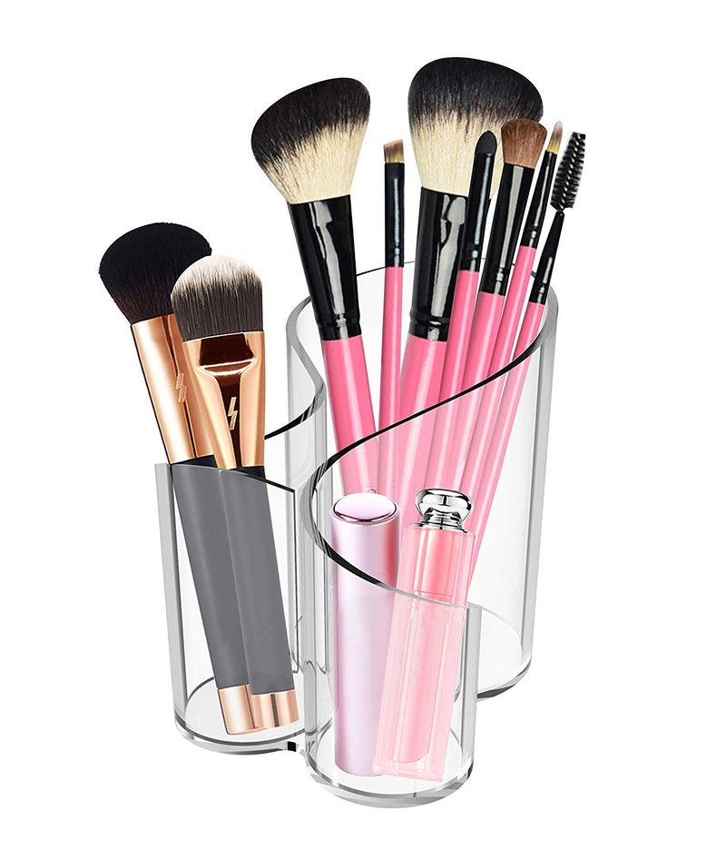 Flipco Acrylic Makeup Brush Holder, 3 Compartment Desk Organizer Desktop Clear Cosmetics Organizer Lipstick Organizer (Clear) - Image 2