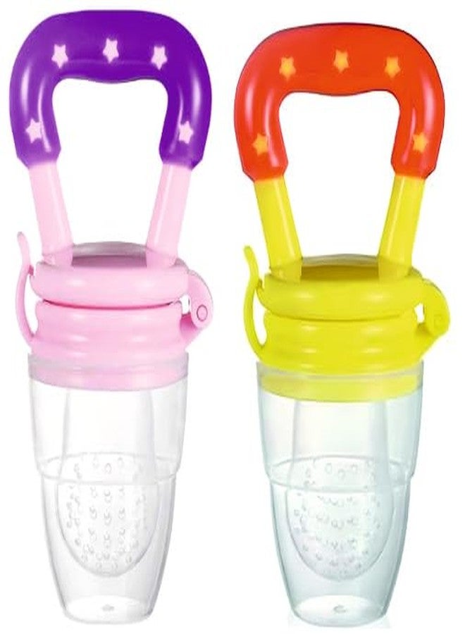 ROFORUF Silicone Fruit and Food Baby Feeder/Squeezer/Pacifier/Nibbler Feeder for Fruit and Veggie with Easy Grip Handle, Pacifier Feeder for New Born Baby 3-12 Months (Pack of 2) (Pink & Yellow) - Image 1