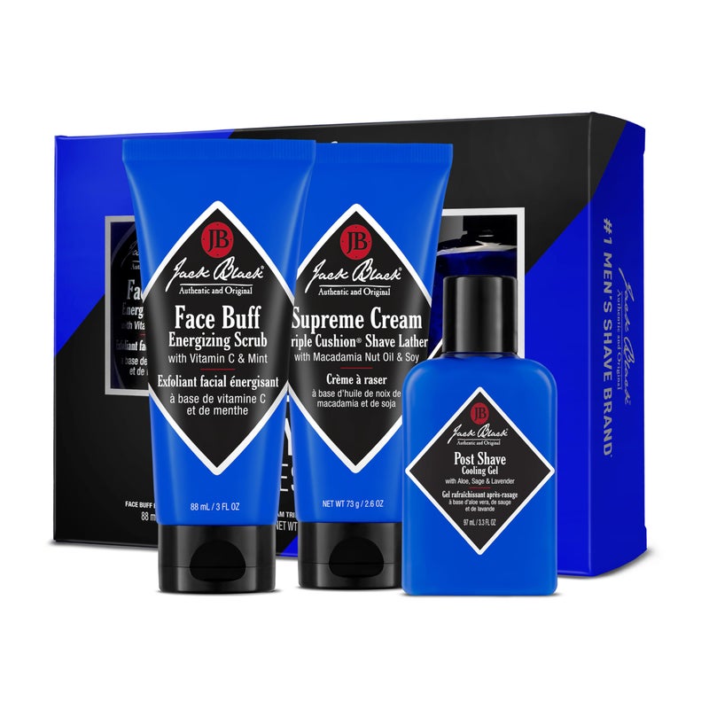 Jack Black Three You Need Shave Essentials Set for Men Face Scrub After Shave Cooling Gel Shave Lather Mens Skin Care Kit Mens Skincare Gift Set