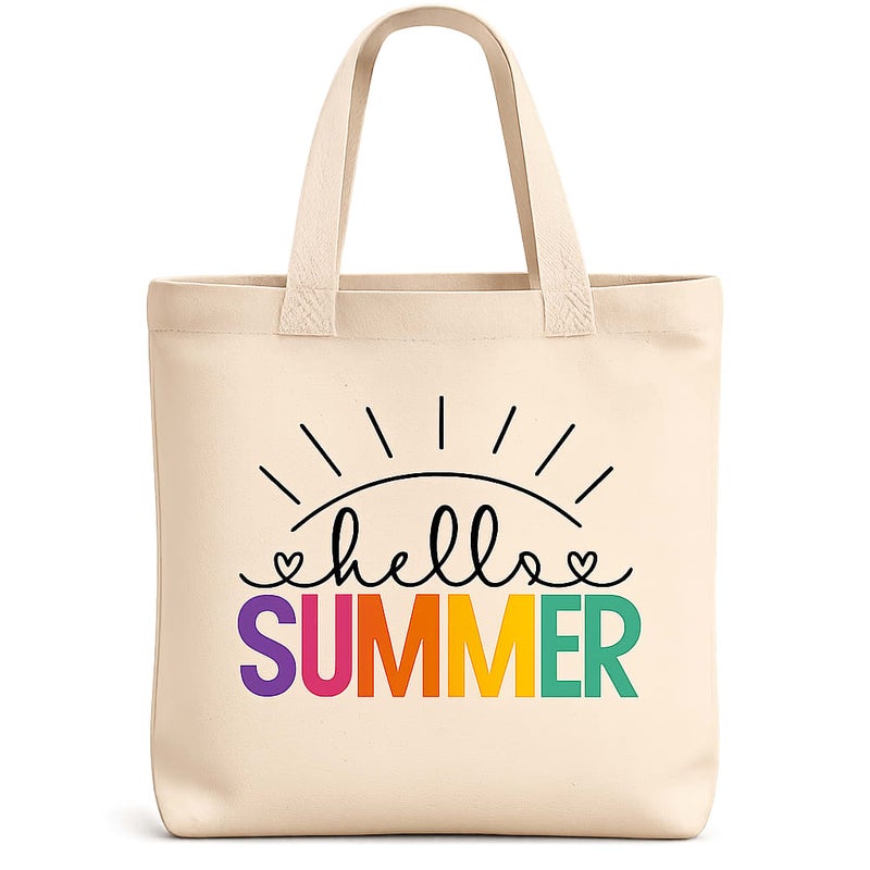 شنطة قماش كانفاس حريمي بطبعة "Hello Summer" بألوان قوس قزح، حقيبة كتف صديقة للبيئة قابلة لإعادة الاستخدام للبحر والتسوق، مقاس كبير 30×40 سم - Image 1