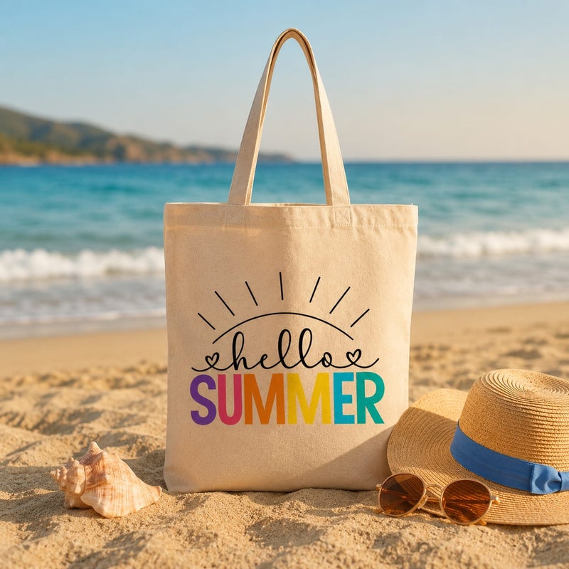 شنطة قماش كانفاس حريمي بطبعة "Hello Summer" بألوان قوس قزح، حقيبة كتف صديقة للبيئة قابلة لإعادة الاستخدام للبحر والتسوق، مقاس كبير 30×40 سم - Image 2