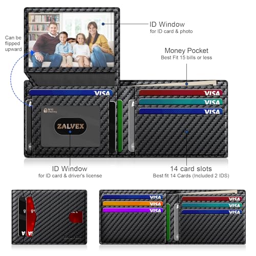 ZALVEX Wallet for Men Slim RFID Blocking Leather Credit Card Holder Wallet for 14 Cards, Bifold Minimalist Thin Wallet with 2 ID Windows & Cash Slot, Front Pockt Carteras Para Hombres, Birthday Gifts for Men - Image 2