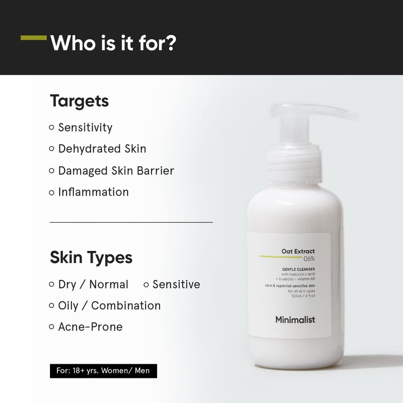 Minimalist 6% Oat Extract Gentle Face Wash for Sensitive, Dry & Dehydrated Skin | Hyaluronic Acid Provides Hydration | For Women & Men | 4 Fl Oz / 120 ml - Image 2