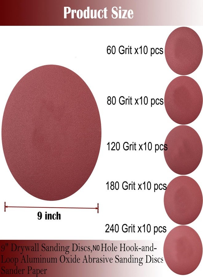 SACKORANGE 50 PCS 9" Drywall Sanding Discs Set for Hand Radial Sander- 60 80 120 180 240 Grits - 9 Inch Round Hook & Loop Sandpaper Aluminum Oxide Sander Disc for Hand Power Drywall Sander - Image 2