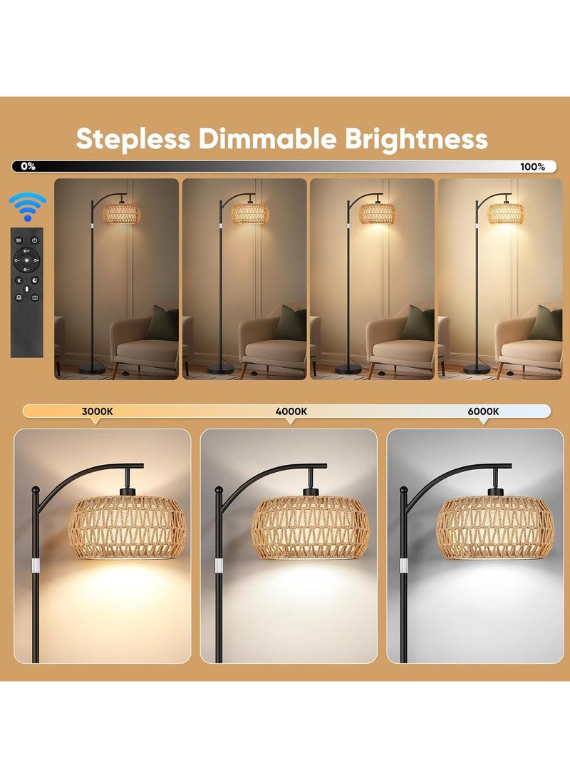 Jorunb 12W Arc Floor Lamp for Living Room Rattan Boho Floor Lamp with Remote Control,Dimmable LED Floor Lamp Wicker Lamp Shades Black Standing Lamp with 3 Color Temperature Tall Floor Lamp For Bedroom Corner - Image 3