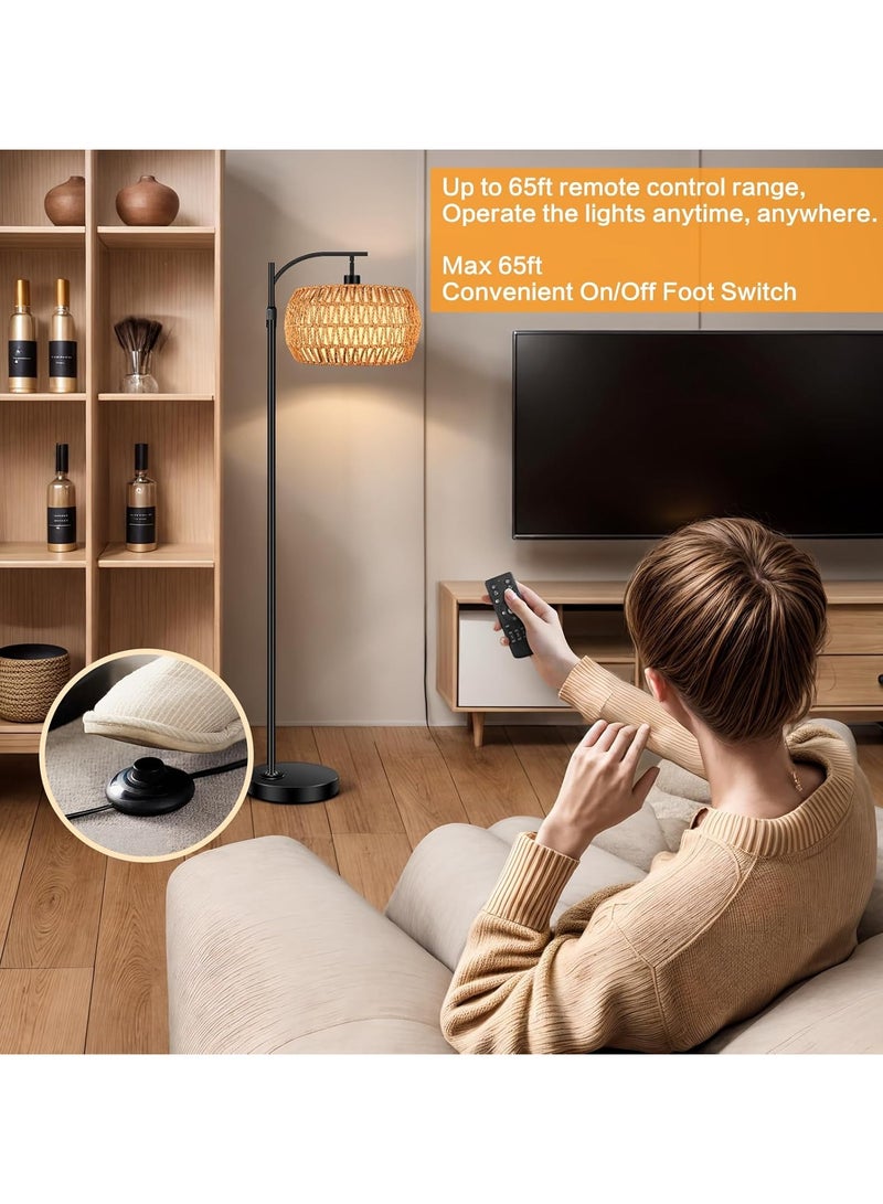 Jorunb 12W Arc Floor Lamp for Living Room Rattan Boho Floor Lamp with Remote Control,Dimmable LED Floor Lamp Wicker Lamp Shades Black Standing Lamp with 3 Color Temperature Tall Floor Lamp For Bedroom Corner - Image 5