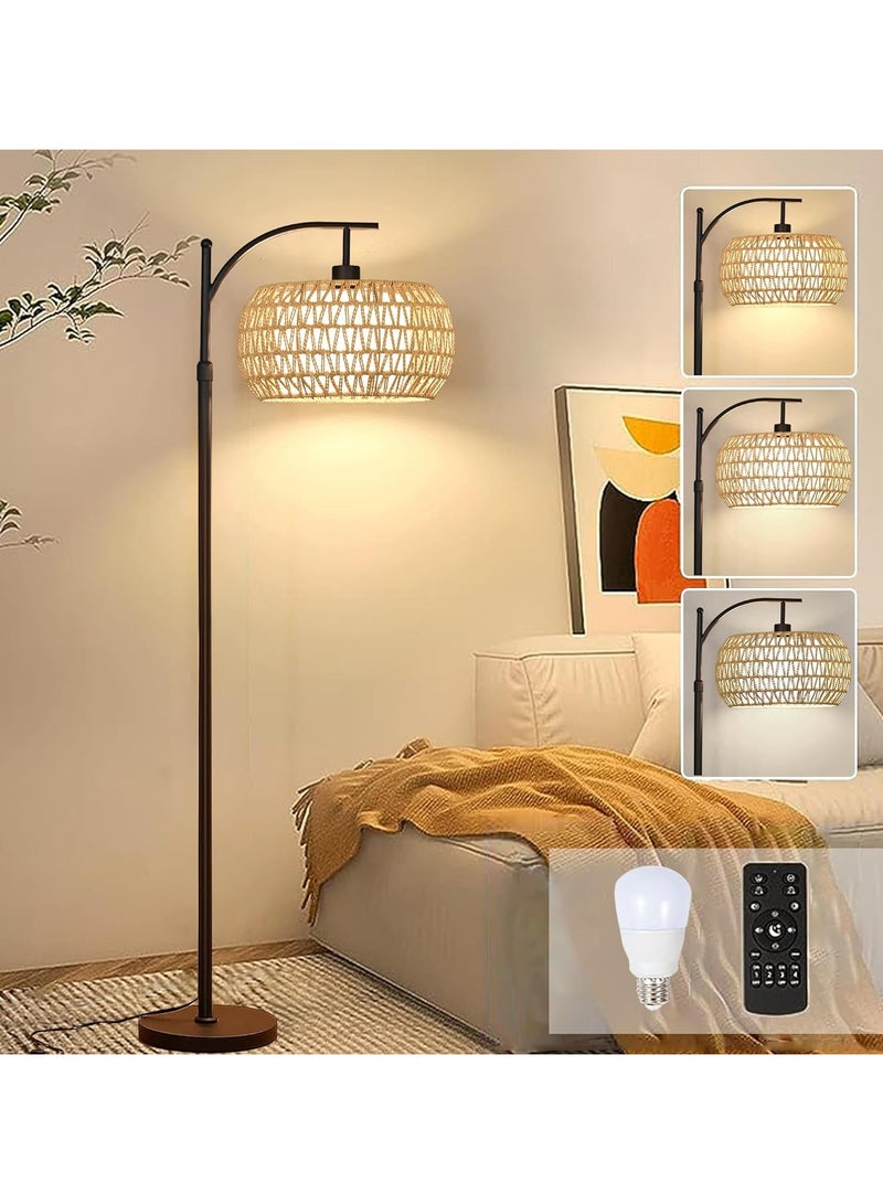 Jorunb 12W Arc Floor Lamp for Living Room Rattan Boho Floor Lamp with Remote Control,Dimmable LED Floor Lamp Wicker Lamp Shades Black Standing Lamp with 3 Color Temperature Tall Floor Lamp For Bedroom Corner - Image 1