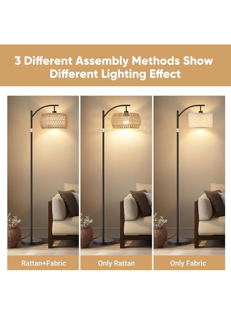 Jorunb 12W Arc Floor Lamp for Living Room Rattan Boho Floor Lamp with Remote Control,Dimmable LED Floor Lamp Wicker Lamp Shades Black Standing Lamp with 3 Color Temperature Tall Floor Lamp For Bedroom Corner - Image 4