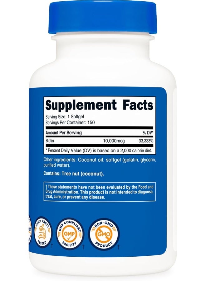 Nutricost نوتريكوست بيوتين (10,000 ميكروغرام) مع زيت جوز الهند العضوي البكر 150 كبسولة لينة - خالي من الجلوتين، غير معدّل وراثيًا - Image 5