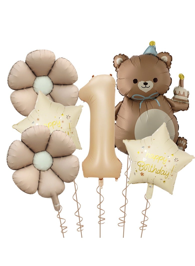 1st Birthday Party Decoration Supplies 40 Inch Matte Caramel Color Digital Bear Daisy Flower Aluminum Film Balloon Set